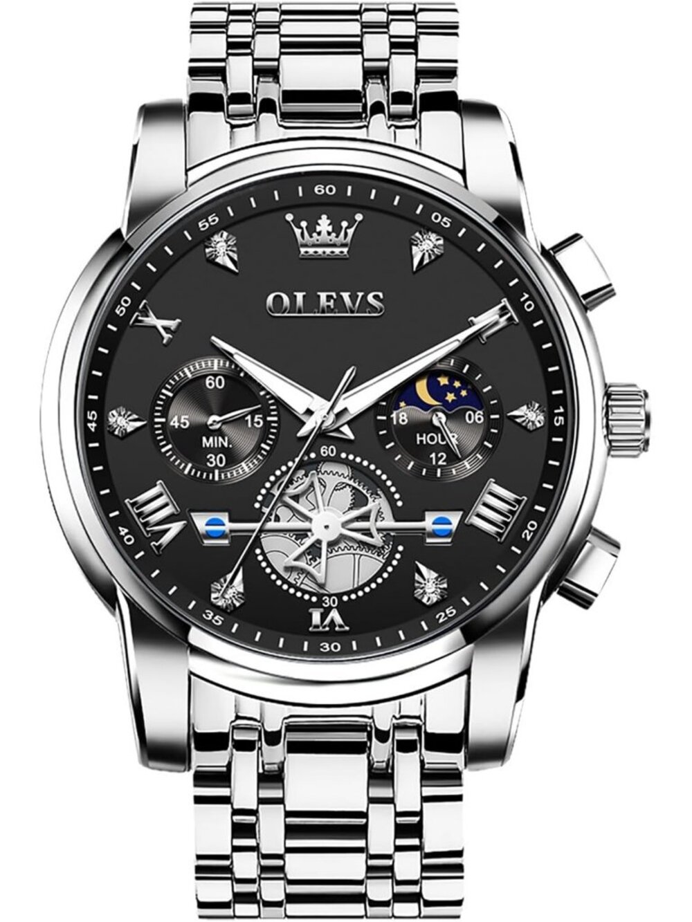 Men's Black/ Silver Stainless Steel Chronograph Waterproof Quartz Dress Watch